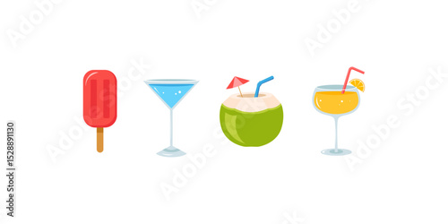 Summer Drink Vector Set – Refreshing Tropical Beverages, Juice, Smoothies, Lemonade, Coconut, Ice, Citrus. Illustration Collection