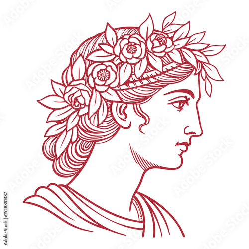 Draw a highly detailed, elegant face of a Greek goddess adorned with a vibrant floral crown.  Focus on realistic features and soft lighting.