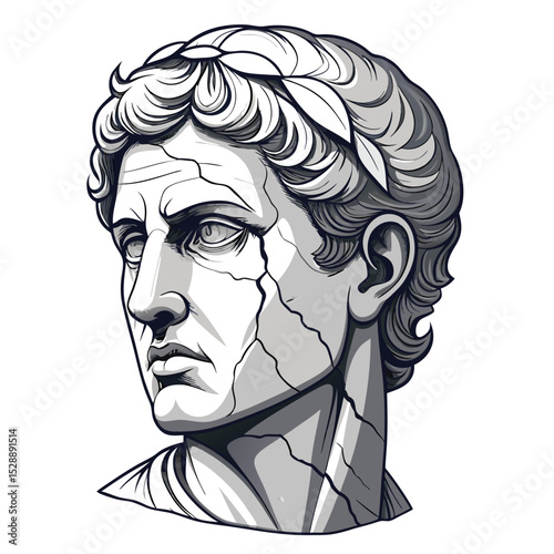 A single-line drawing of a face sculpted from cracked marble, sharp edges emphasized, conveying fragility and time's passage.