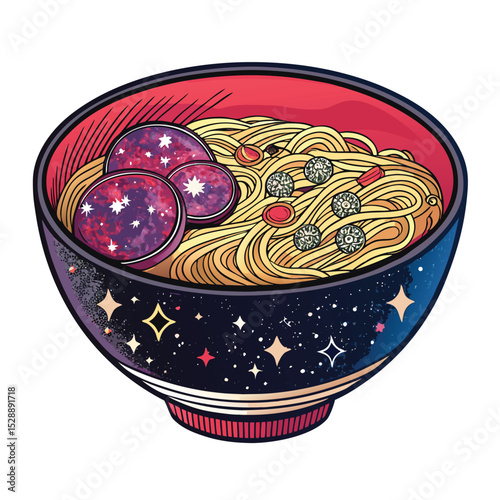 A vibrant cosmic ramen bowl stardust broth, nebula toppings, swirling galaxy design.  Create a visually stunning, highly detailed digital painting.