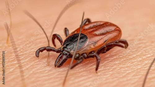 A tick crawls on human skin. Close-up of an ixodid tick on a human body. The danger of tick-borne diseases. Vaccination concept, insecticide advertising.