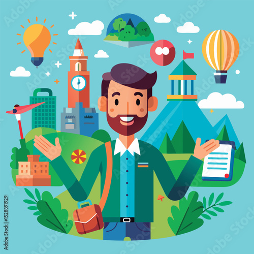 Friendly tour guide showcasing a city.