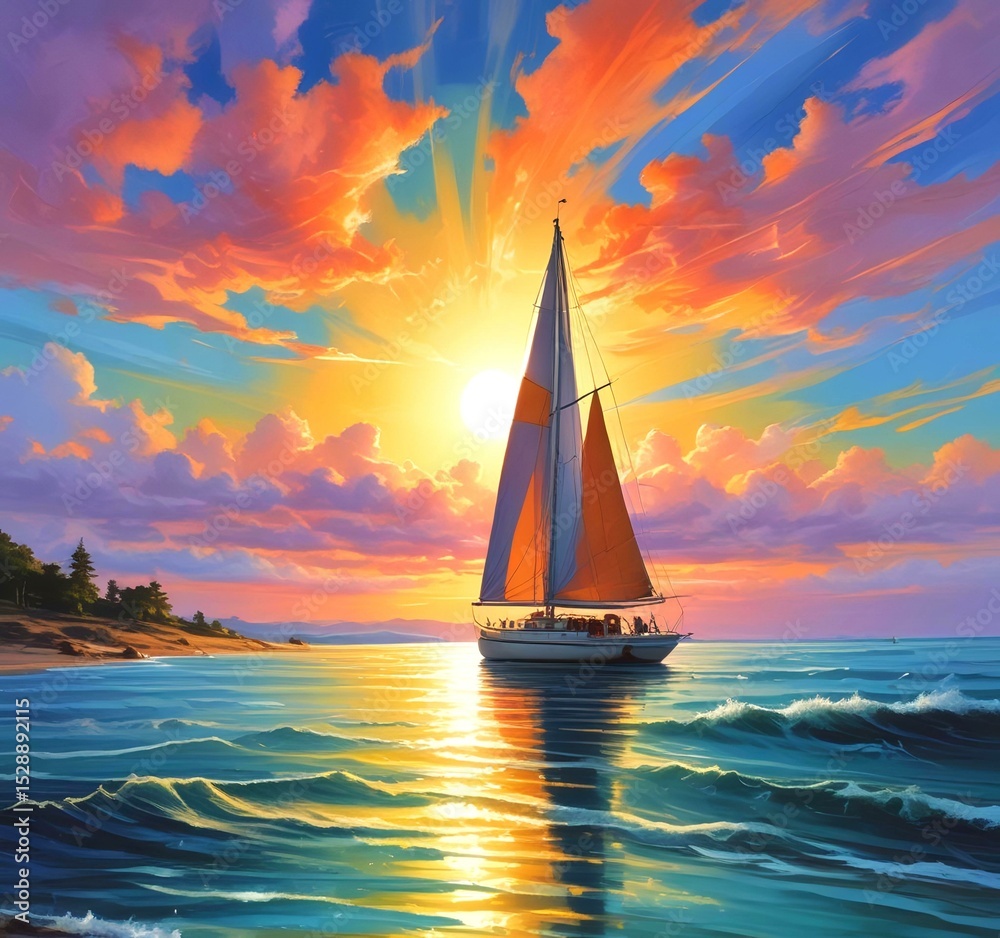 Fototapeta premium Illustration of sailboat yaht in calm ocean with island and sunrise.