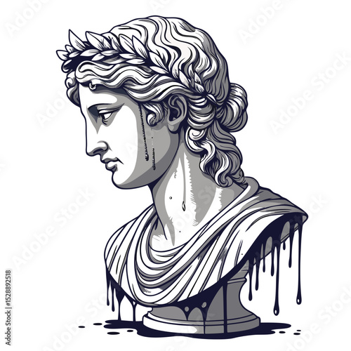 Generate a hyperrealistic image of a melting classical marble statue, showcasing a dramatic dripping effect, emphasizing the textural contrast between smooth marble and viscous melt.