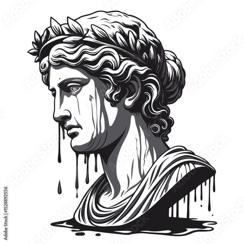 Generate a hyperrealistic image of a melting classical marble statue, showcasing a dramatic dripping effect, emphasizing texture and detail.