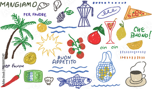 Hand drawn Italian or Greek summer vacation elements in colorful chalk rough doodle grungy style. Coastal food, wine, seafood, travel icons for poster, placard, postcard, wall art, retro print.