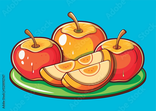 Colorful apples and slices on a plate.