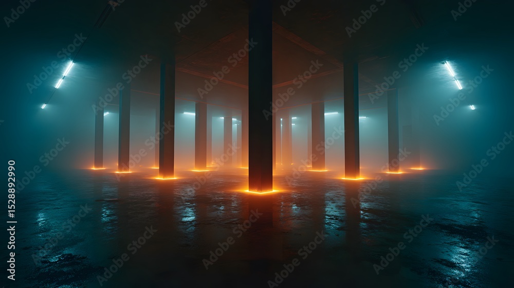 Fototapeta premium Glowing light columns in an abstract architectural space, evoking a futuristic vision of harmony and innovation