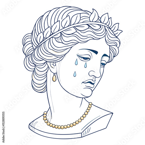 Single continuous line drawing of a weeping goddess statue, elegant curves, sorrow, grief, artistic line art style.