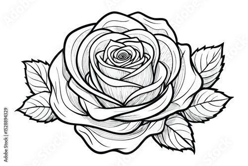 Detailed Rose Flower Illustration with Leaves in Black and White Outline