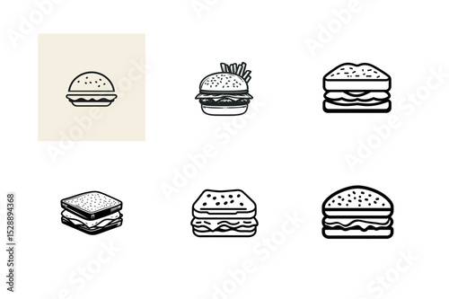 Six simple line art burger and sandwich icons