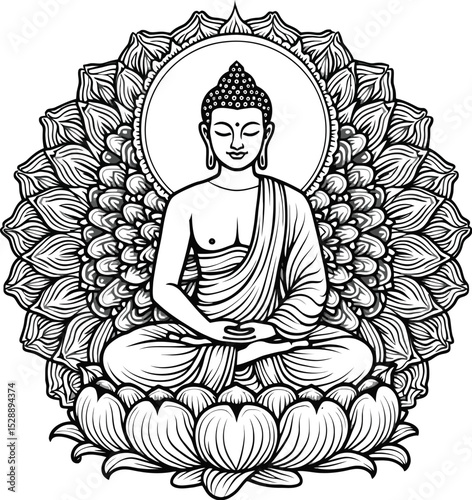 Serene Buddha Meditating on Lotus with Mandala, Spiritual Zen Art Black and White.