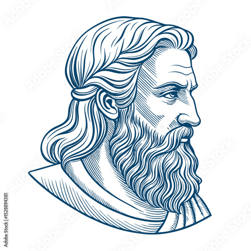 Create a single-line drawing of an ancient wise man's bust, subtly incorporating soft, flowing lines to convey wisdom and serenity.