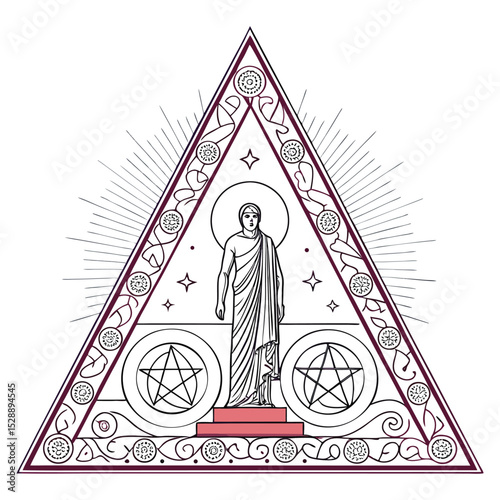 Minimalist line art statue within a triangular frame, mystical aura, single-line drawing style, elegant and serene.
