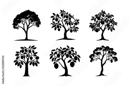 Six black silhouettes of trees and fruit trees