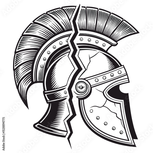 Create a single-line drawing of a Roman helmet, fractured and split down the middle, revealing the interior.  Emphasize the cracked texture and sense of age.