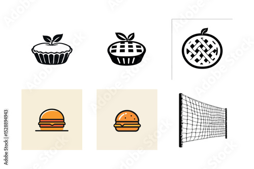 Food and sport icons apple pie burger volleyball net
