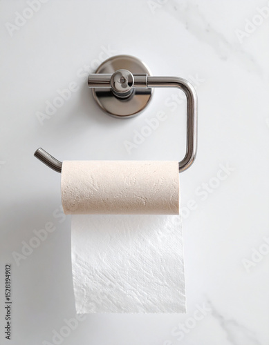 Last sheets of toilet paper hanging on a metal support in a bathroom