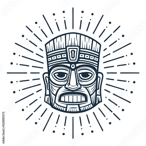 Create a minimalist line art drawing of a stone mask, radiating mystical energy, encompassed by sunburst rays.