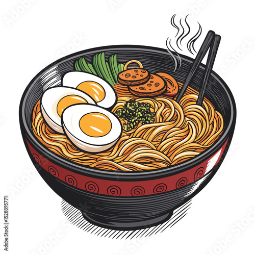 Gigantic ramen bowl overflowing with noodles, double soft-boiled eggs, and rich broth.  Detailed, mouthwatering close-up.
