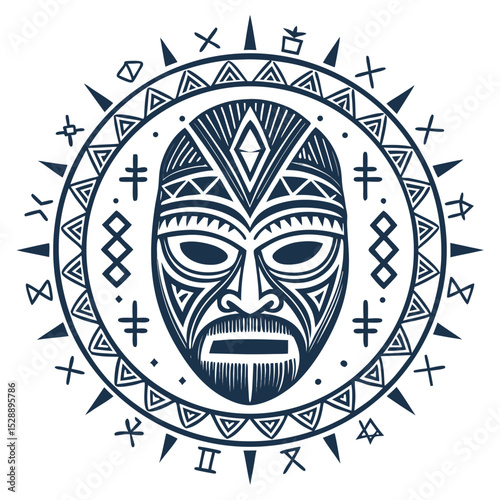 A single, bold brushstroke depicting an ancient mask, encircled by intricate, archaic runes.  The style evokes mystery and age.