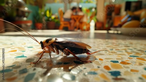 A cockroach moves steadily across a grimy kitchen countertop, highlighting unsanitary conditions. The background shows a bustling kitchen environment, suggesting pest concerns