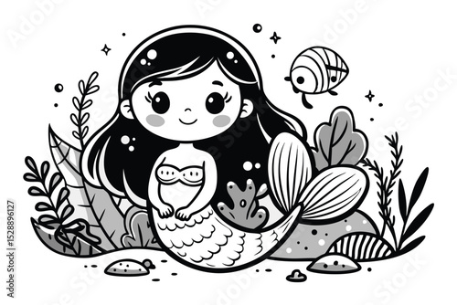Cute Cartoon Mermaid with Turtle in Underwater Scene Black and White