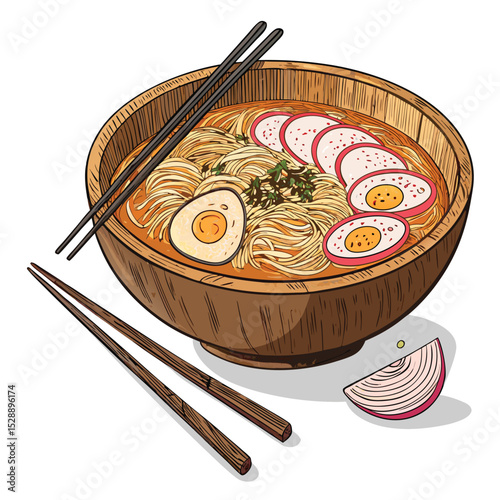 Rustic wooden bowl overflowing with steaming miso ramen, rich broth, noodles, and toppings.  Authentic Japanese cuisine.