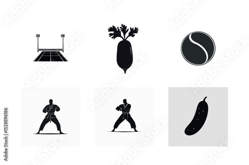 Silhouette icons set sports vegetables martial arts