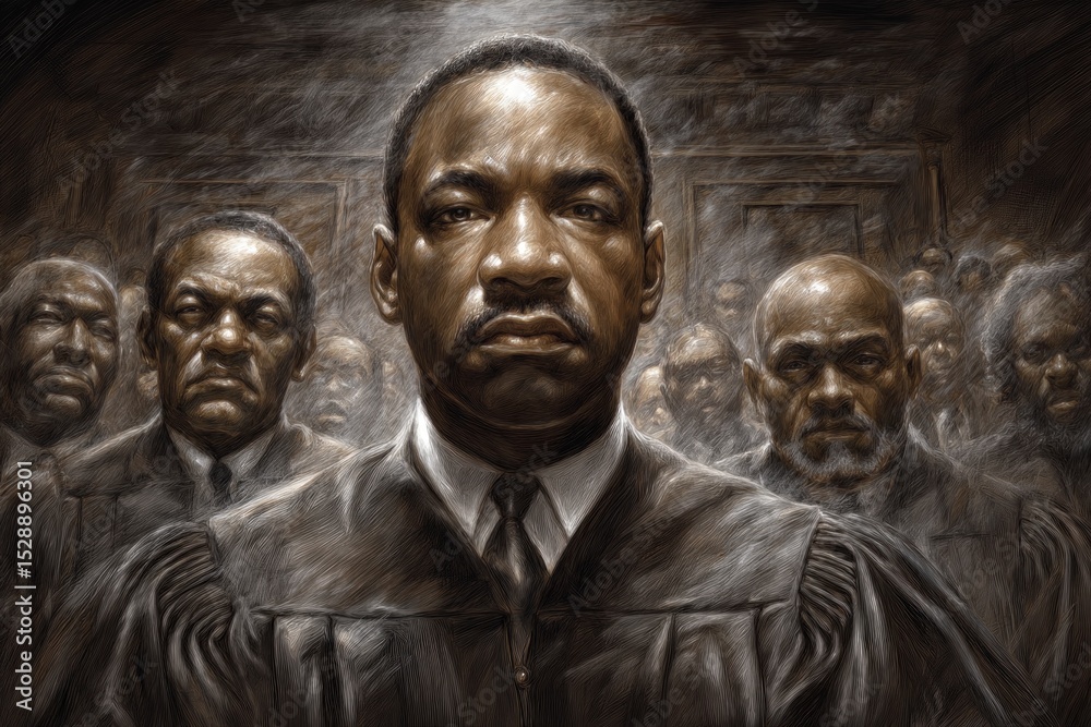 Naklejka premium Powerful Portrait African American Leader Supporters in Court