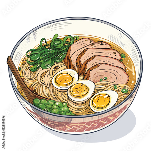High-resolution close-up shot of steaming ramen in a clear bowl, showcasing noodles, broth, chashu pork, soft boiled egg, and various vegetables.