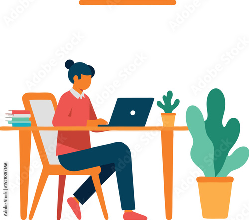 Woman Studying at Desk Home Education and Online Learning Illustration