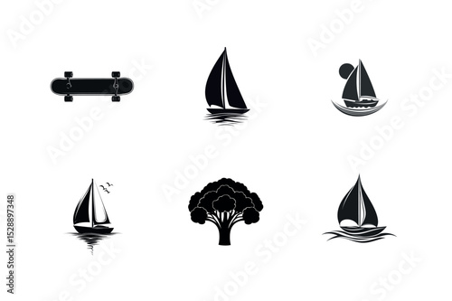 Collection of black and white icons skateboard sailboats and broccoli