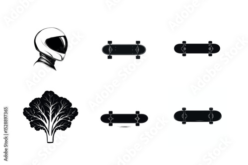 Black and white illustrations of helmet skateboards and kale