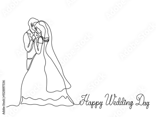 Happy wedding day greeting card. groom and bride in a wedding dress and veil. continuous single one line art drawing sketch, logo