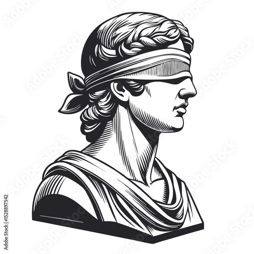 Elegant single-line drawing of a blindfolded marble statue profile, classical sculpture style, minimalist art.