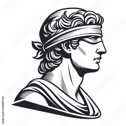 Create a minimalist line drawing profile of a blindfolded marble statue, emphasizing its classical features and serene expression.