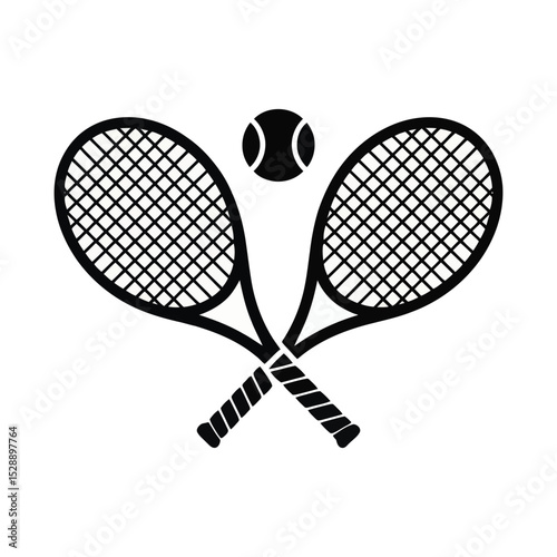 Silhouette of crossed tennis racquets with ball above on white background