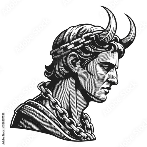 Single-line minimalist profile drawing of a horned sculptural figure bound by a chain.  Emphasis on form and linework.