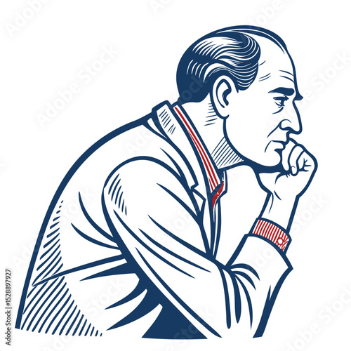 Continuous line drawing of a pensive man, head resting on hand, contemplating; minimalist, elegant, single-line art style.