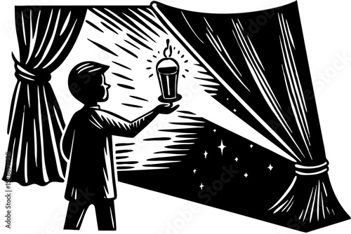 A boy unveiling a lighted candle behind a curtain