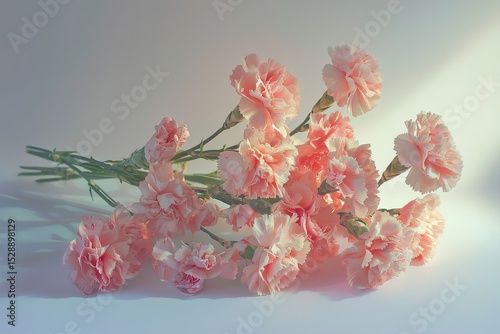 Delicate pink carnations bouquet on table with soft lighting and clean white background, vibrant colors and intricate petals photo