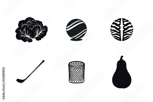 Six black and white icons vegetables sports and brain
