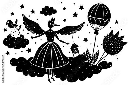 Black and white bird princess in a dreamy sky