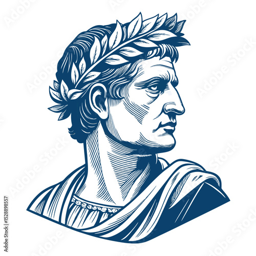 Create a minimalist line drawing of a Roman emperor's bust, adorned with a laurel wreath, executed in a single continuous line.