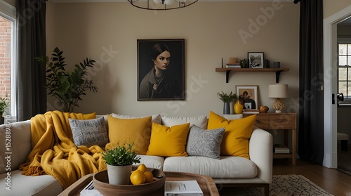 Cozy living room with beige sofa, yellow blanket, and pillows. generative.ai