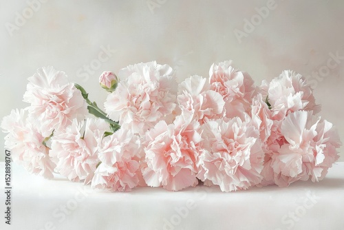 Delicate pink carnations bouquet on table with soft lighting and clean white background, vibrant colors and intricate petals photo