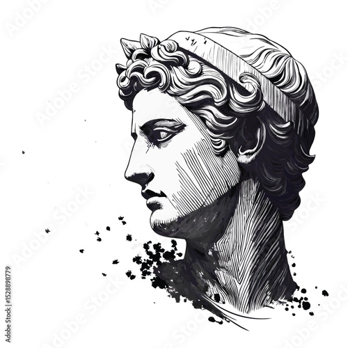 A single-line drawing of a face, eroded and crumbling into dust, isolated on a white background, minimalist style.