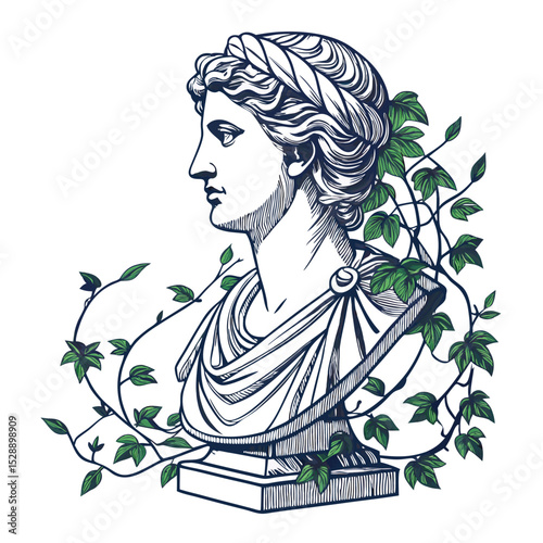 A single-line drawing of an ancient statue fragment, partially obscured and entwined by lush, vibrant vines.  Focus on the contrast between the hard stone and soft vegetation.