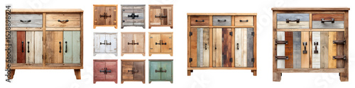 A collection of rustic wooden furniture with storage shelves and drawers  long title A variety of handcrafted natural looking wooden furniture pieces